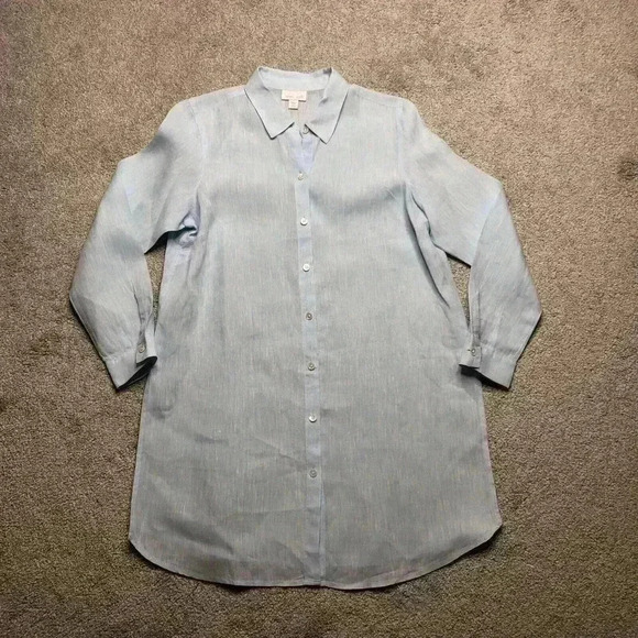 J Jill Linen Tunic Petite Blue Button Down Collared Long Sleeves - Picture 1 of 9